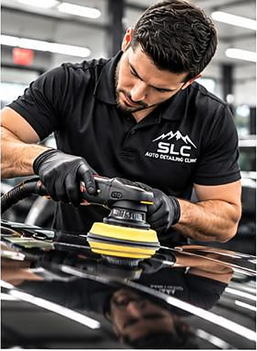 Technician polishing vehicle paint with a dual-action polisher