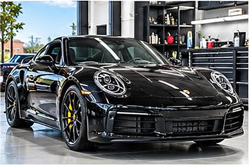 Glossy black sports car inside the detailing shop
