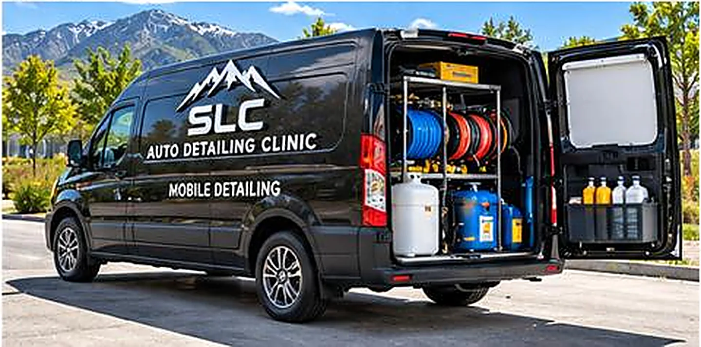 Mobile detailing van with equipment open
